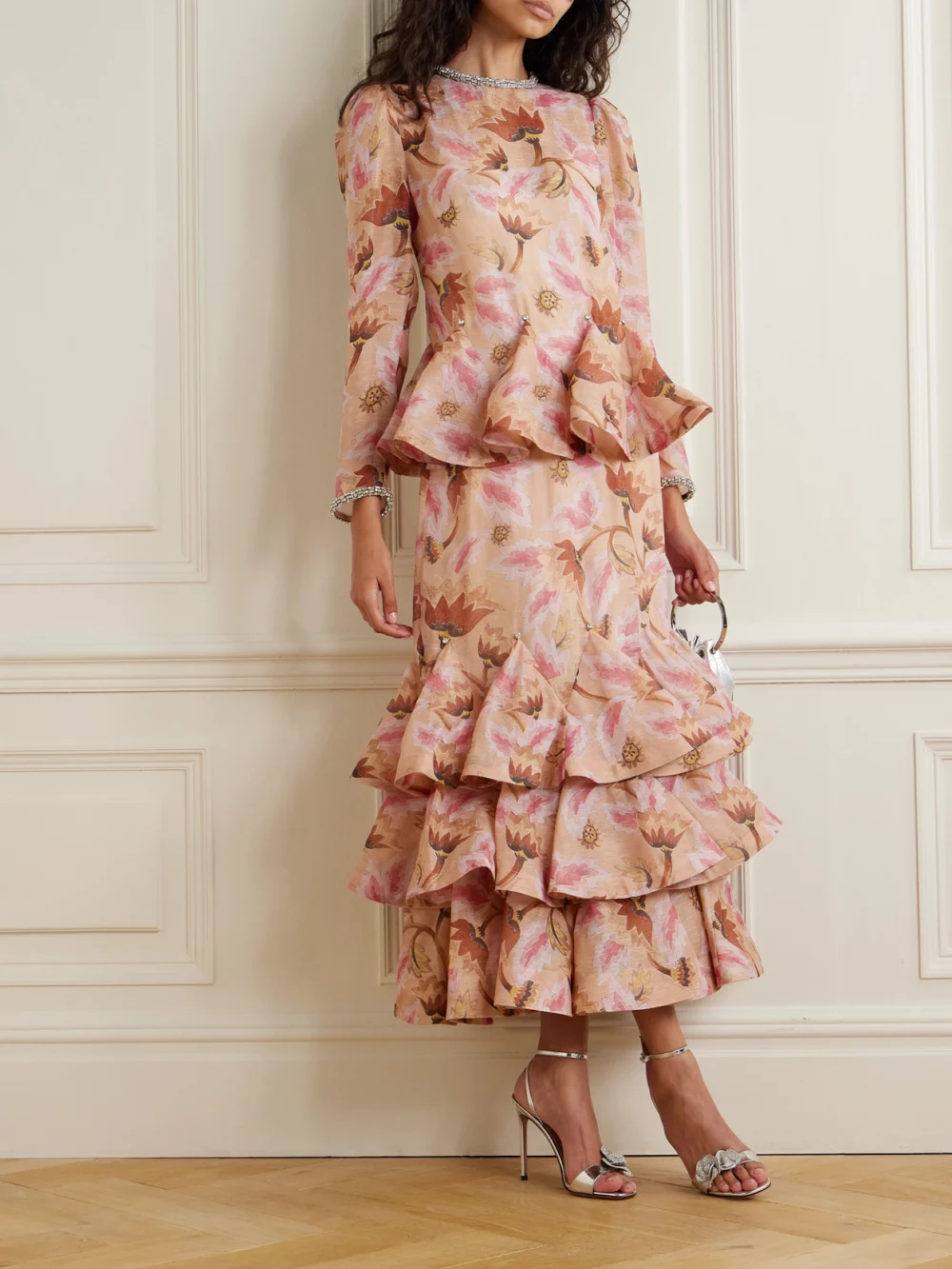 Zimmermann Illustration Crystal-embellished Tiered Floral-print Linen and Silk-blend Maxi Dress, worn by a model