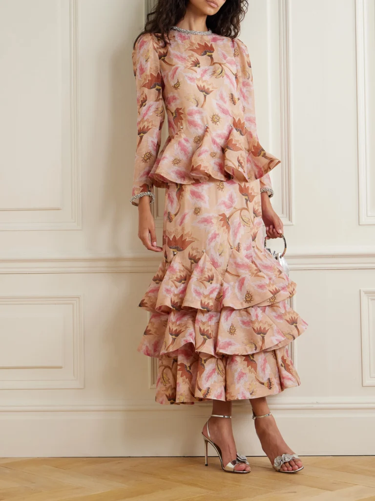 Zimmermann Illustration Crystal-embellished Tiered Floral-print Linen and Silk-blend Maxi Dress