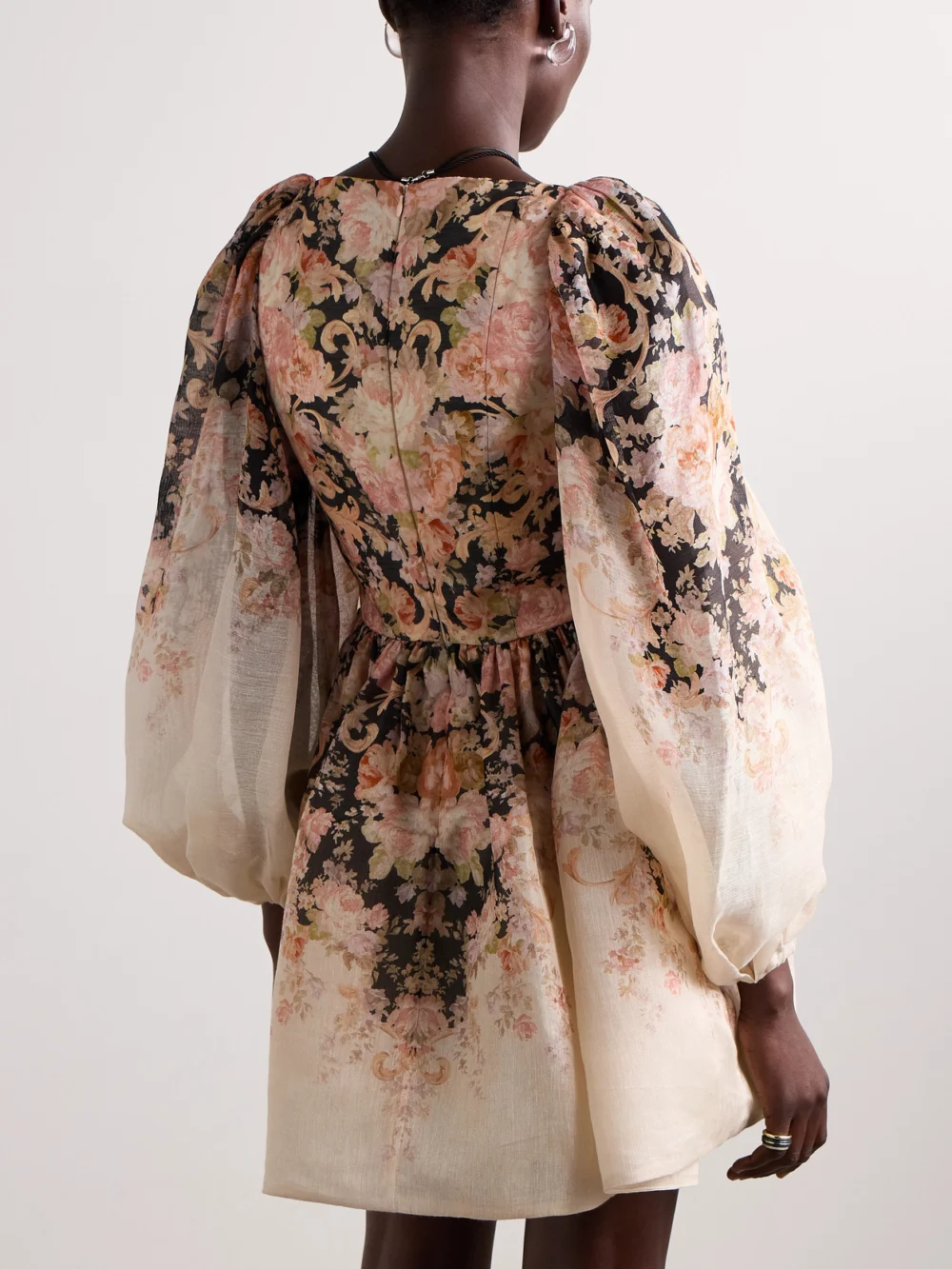 Back view of the Zimmermann Illustration Pleated Floral-print Linen and Silk-blend Organza Mini Dress