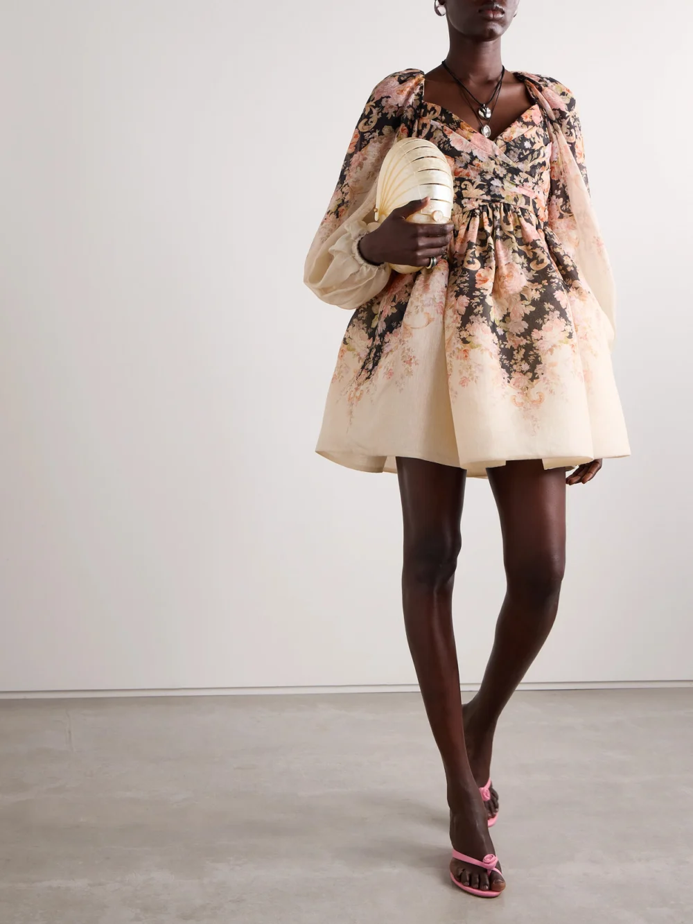 Zimmermann Illustration Pleated Floral-print Linen and Silk-blend Organza Mini Dress, worn by a model