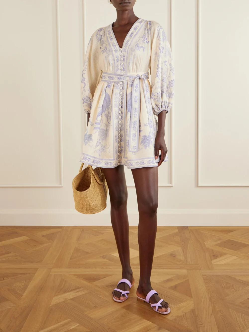 Zimmermann Indra Belted Floral-print Linen Mini Dress, worn by a model