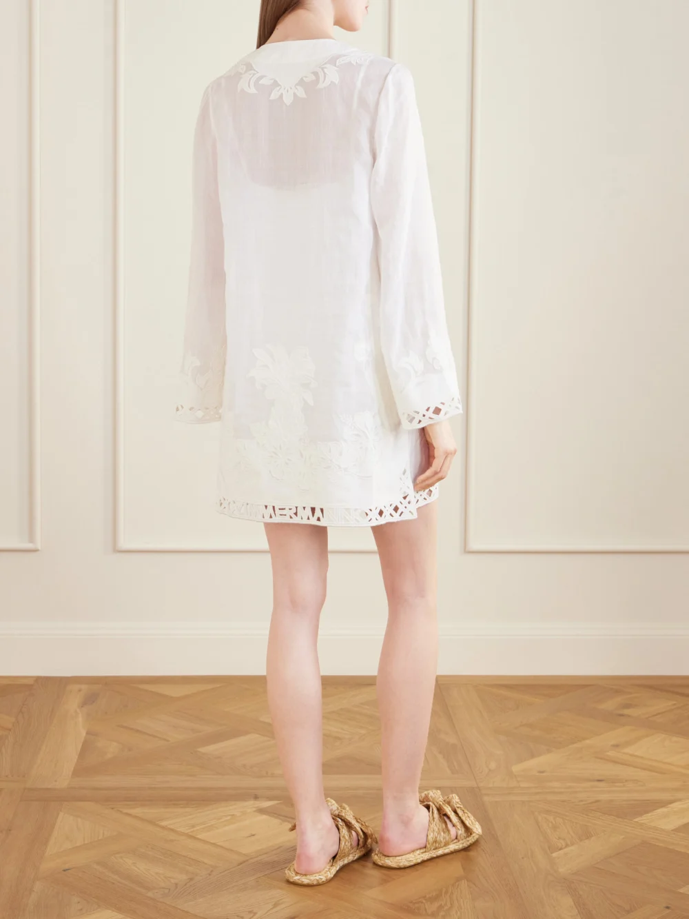 Back view of the Zimmermann Indra Embroidered Ramie Mini Dress