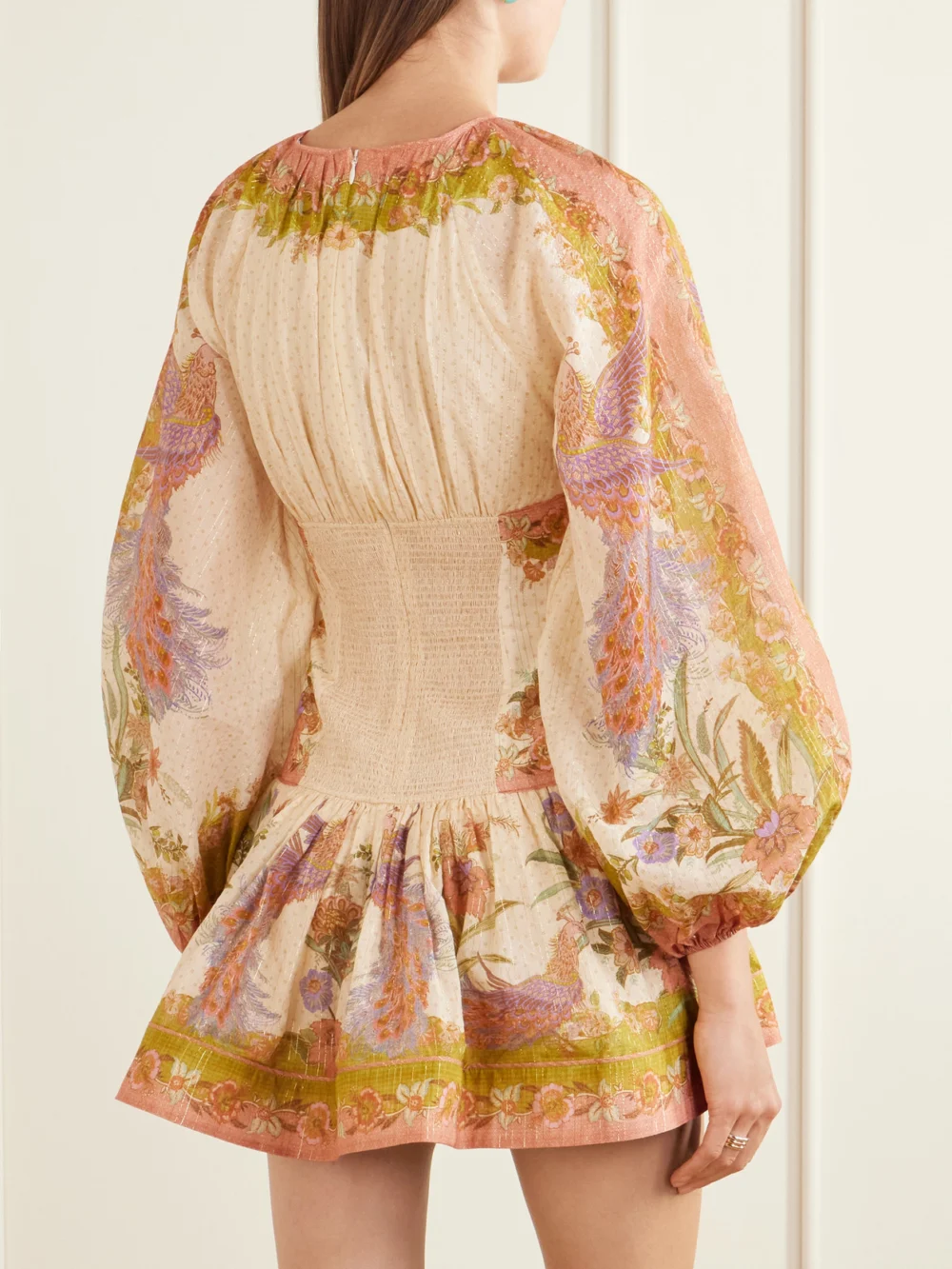 Back view of the Zimmermann Indra Gathered Floral-print Metallic Cotton and Silk-blend Chartreuse Mini Dress
