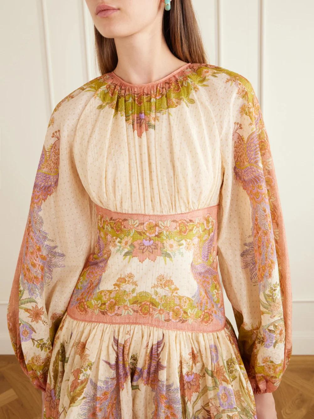 Close-up detail of the Zimmermann Indra Gathered Floral-print Metallic Cotton and Silk-blend Chartreuse Mini Dress