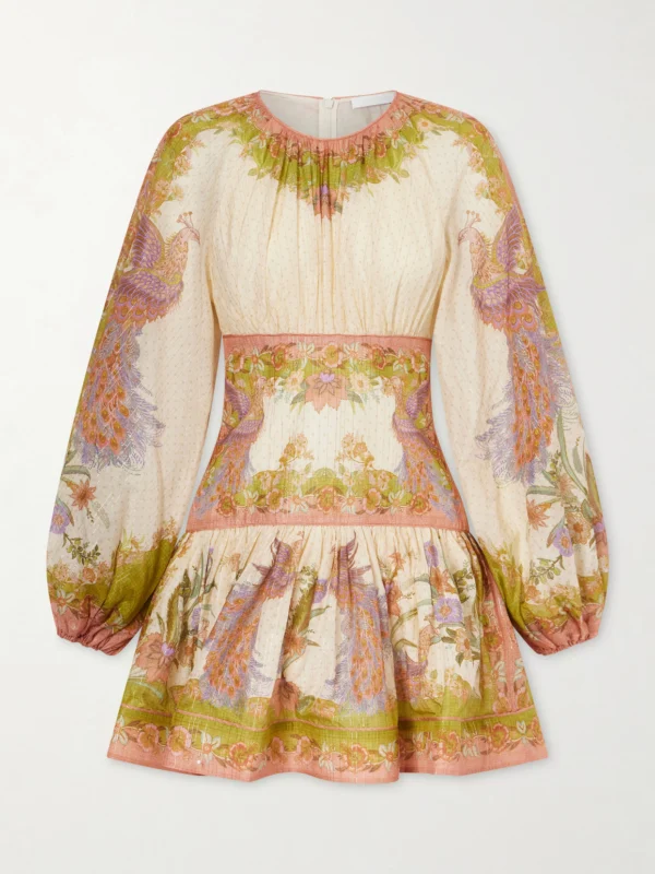Zimmermann Indra Gathered Floral-print Metallic Cotton and Silk-blend Chartreuse Mini Dress