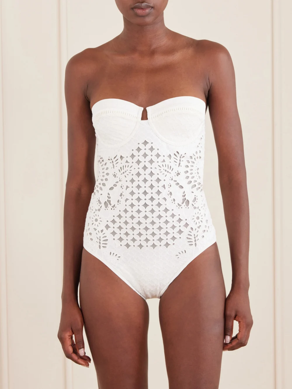 Zimmermann Indra Strapless Broderie Anglaise Swimsuit, worn by a model