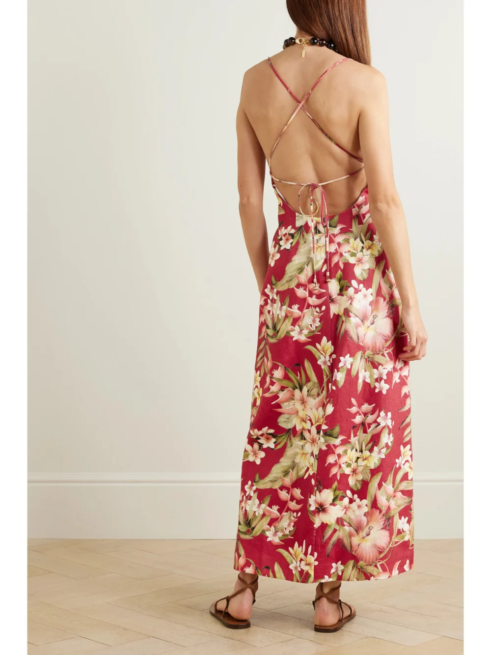 Back view of the Zimmermann Lexi Floral-print Linen Midi Dress