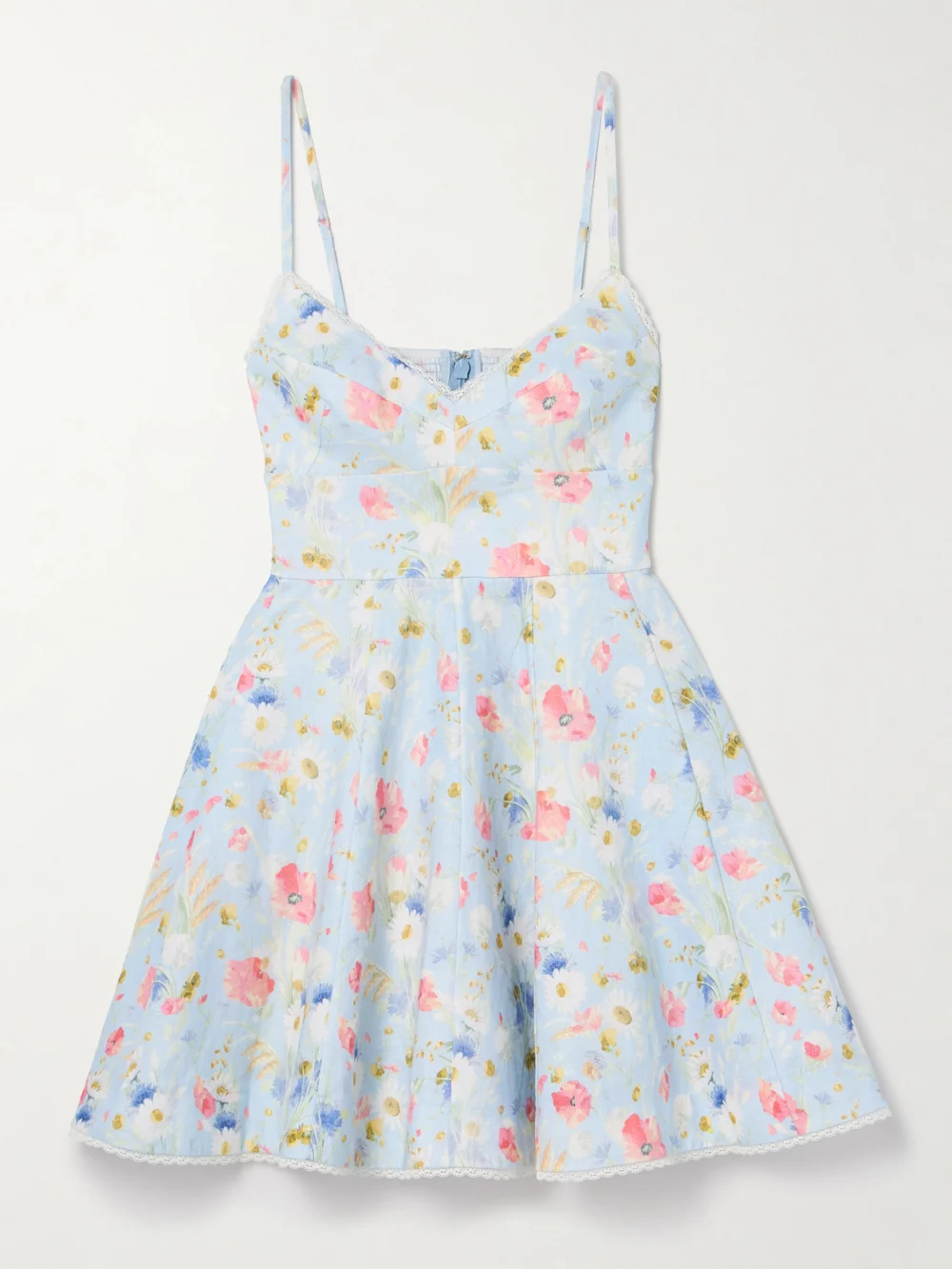 Zimmermann Lucky Lace-trimmed Floral-print Linen Mini Dress in light blue