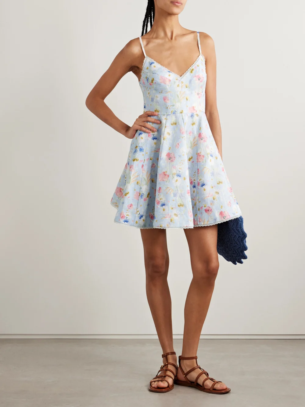 Zimmermann Lucky Lace-trimmed Floral-print Linen Mini Dress, worn by a model