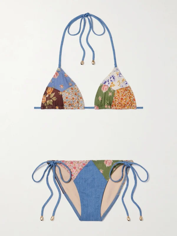 Zimmermann Lucky Patchwork Floral-print Cotton and Chambray Triangle Bikini