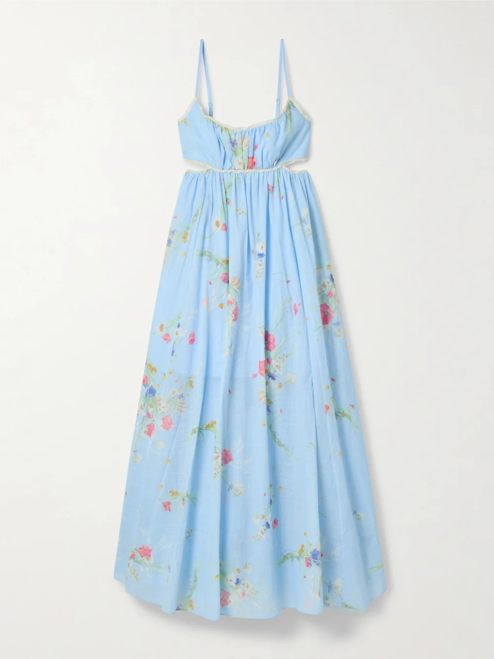 Zimmermann Lucky Picnic Cutout Crocheted Lace-trimmed Printed Cotton-voile Maxi Dress in blue