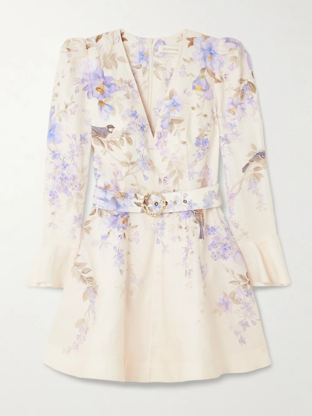 Zimmermann Luna Belted Floral-print Linen Mini Dress in cream