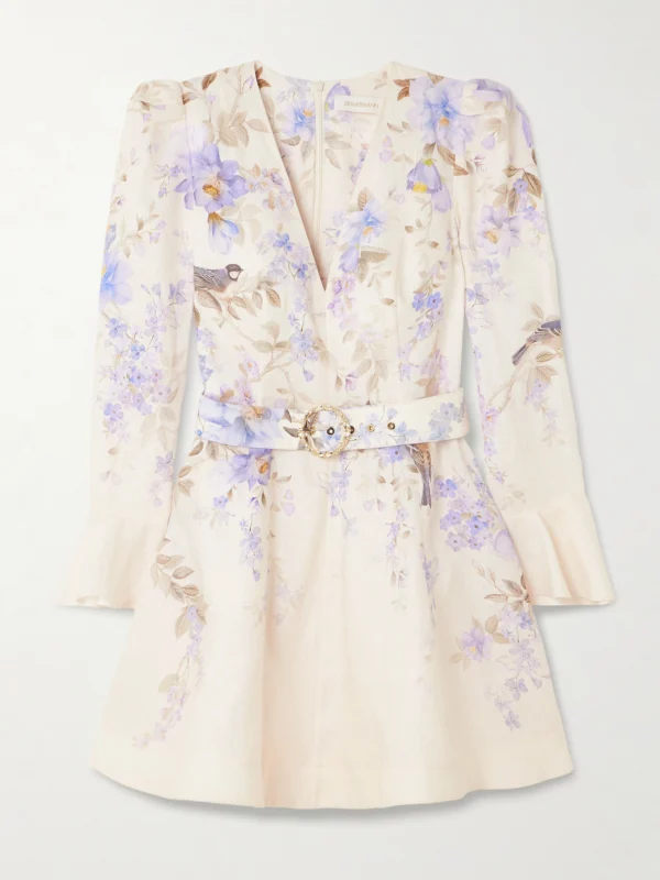 Zimmermann Luna Belted Floral-print Linen Mini Dress