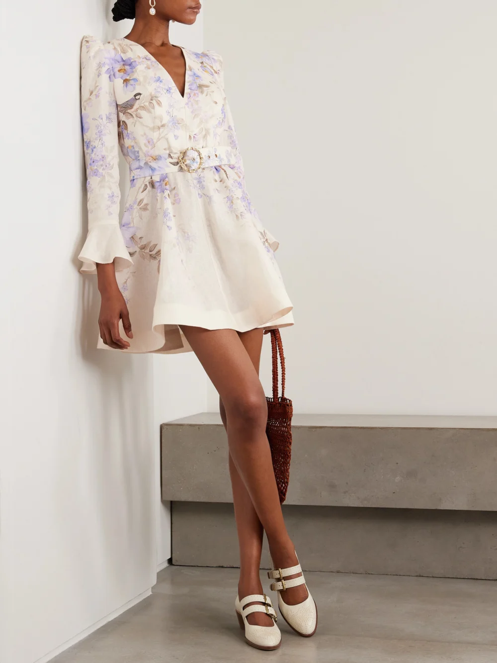 Zimmermann Luna Belted Floral-print Linen Mini Dress, worn by a model
