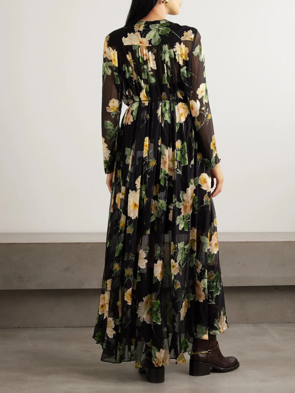 Back view of the Zimmermann Luna Belted Gathered Floral-print Devoré-chiffon Midi Dress