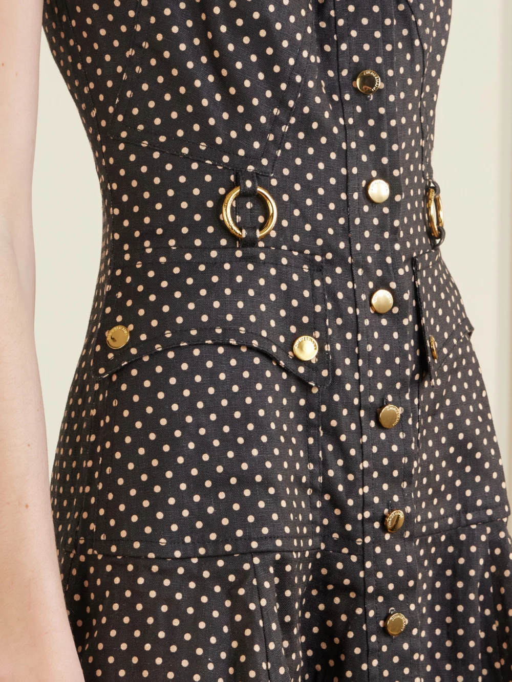 Close-up detail of the Zimmermann Luna Embellished Linen Midi Dress