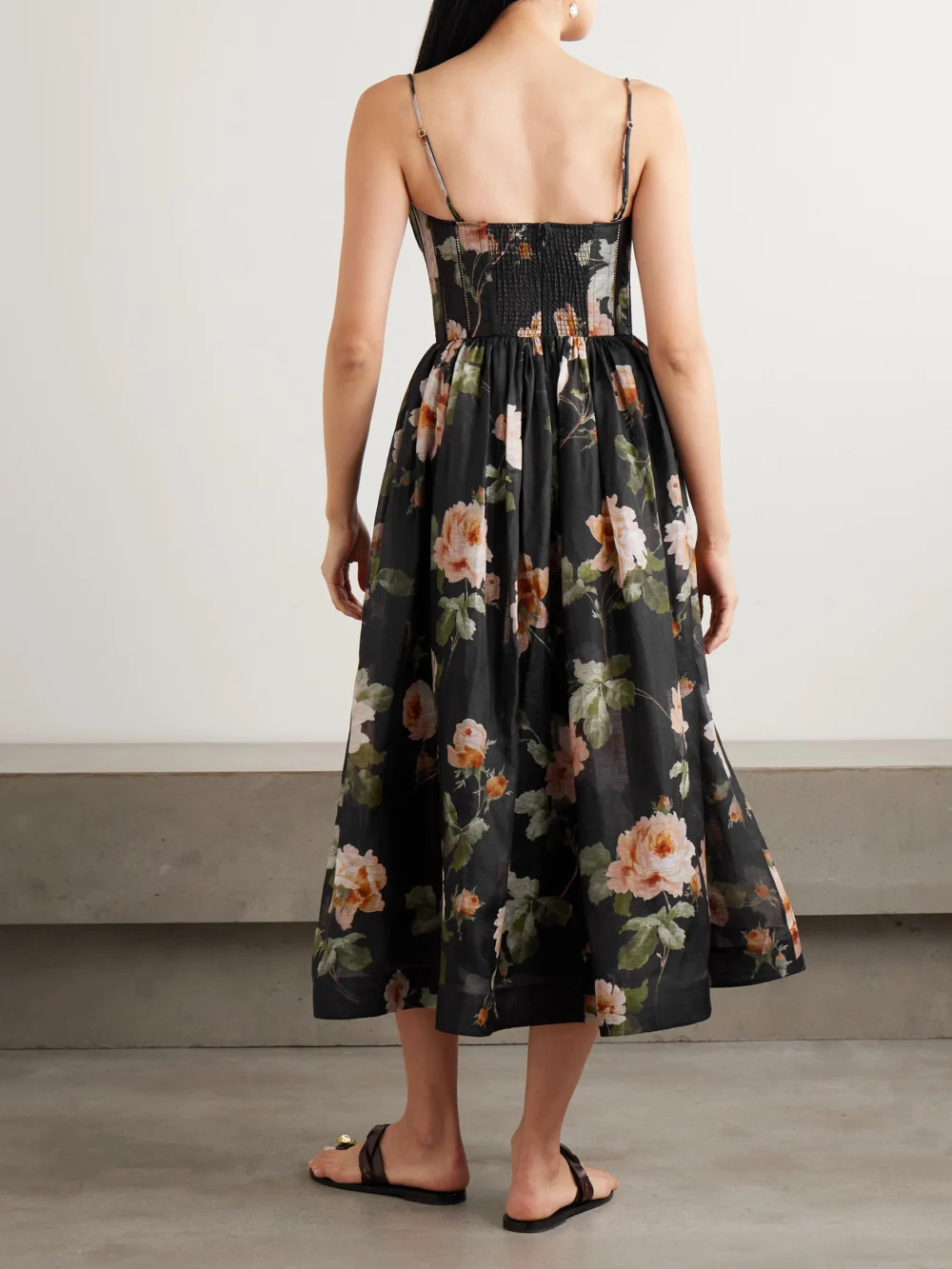 Back view of the Zimmermann Luna Floral-print Linen and Silk-blend Midi Dress