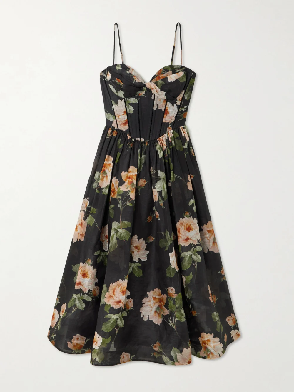 Zimmermann Luna Floral-print Linen and Silk-blend Midi Dress in black