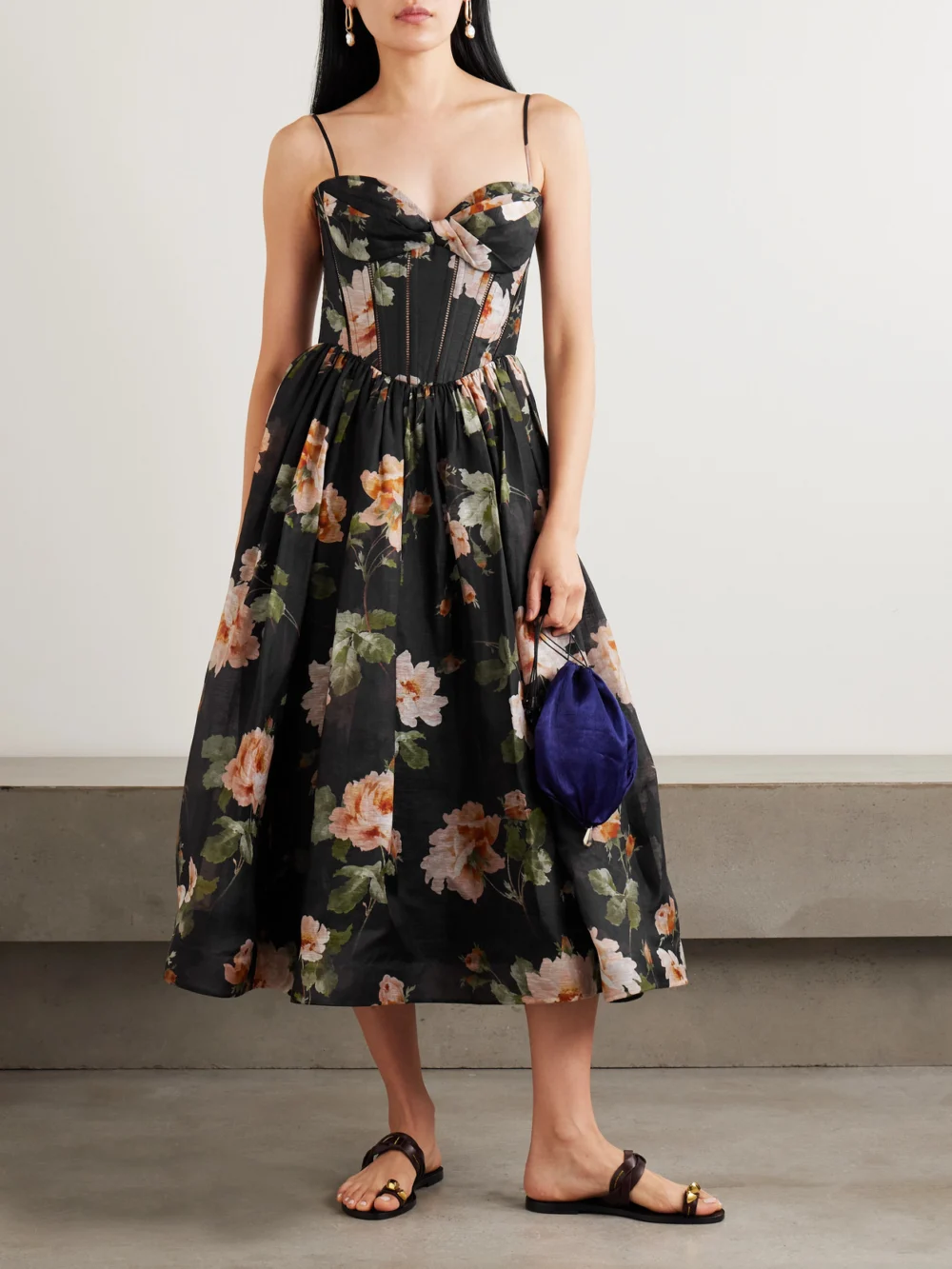 Zimmermann Luna Floral-print Linen and Silk-blend Midi Dress, worn by a model