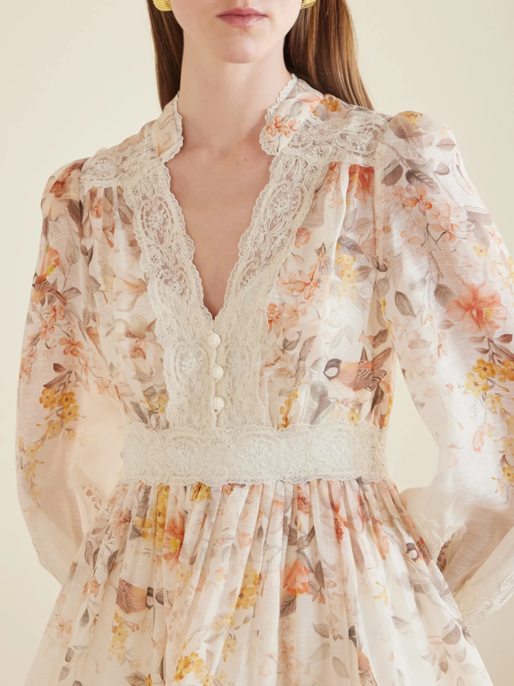 Close-up detail of the Zimmermann Luna Lace-trimmed Linen and Cotton-blend Mini Dress