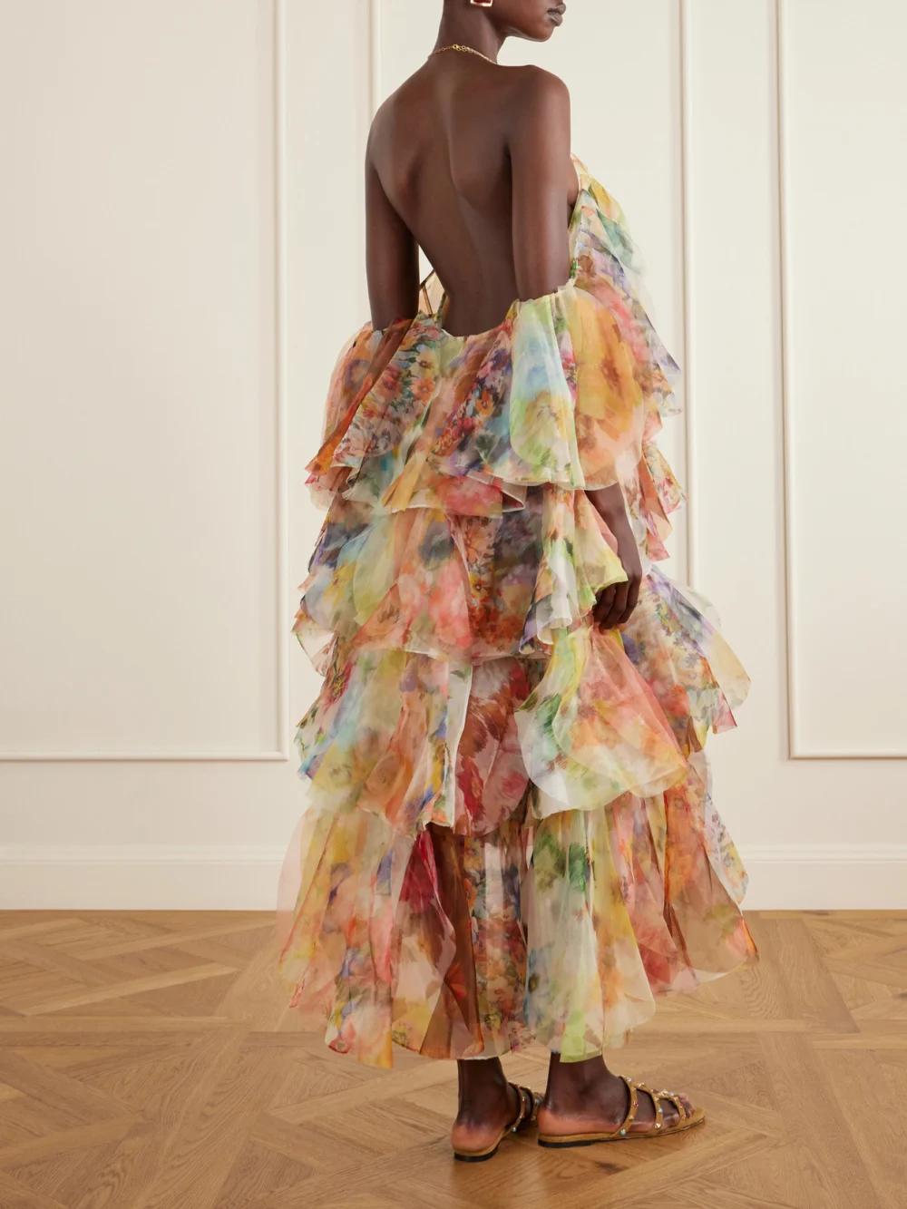 Back view of the Zimmermann Luna Tiered Ruffled Floral-print Chiffon Halterneck Midi Dress