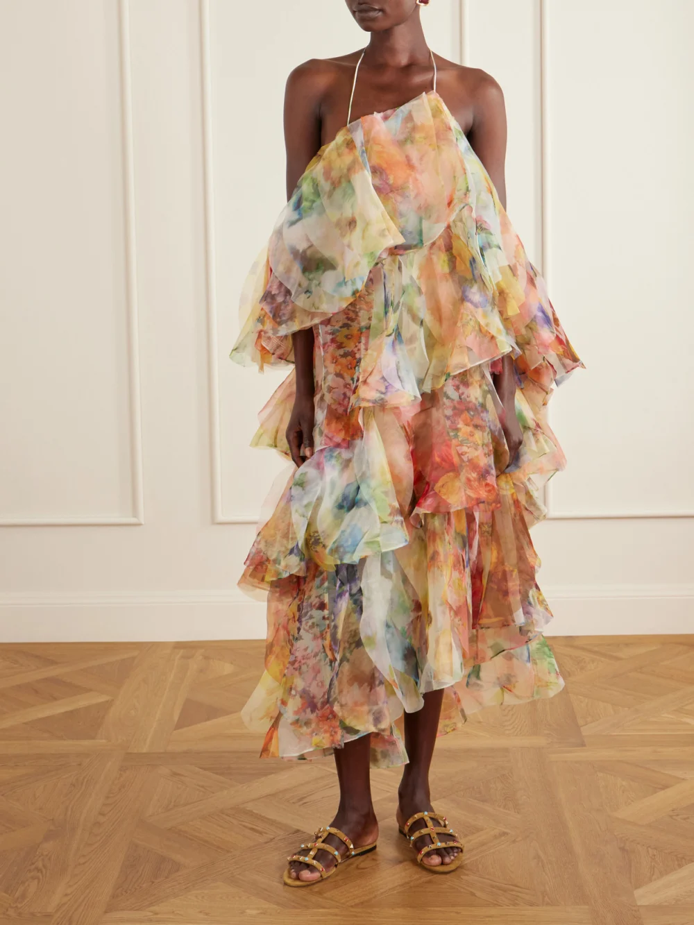 Zimmermann Luna Tiered Ruffled Floral-print Chiffon Halterneck Midi Dress