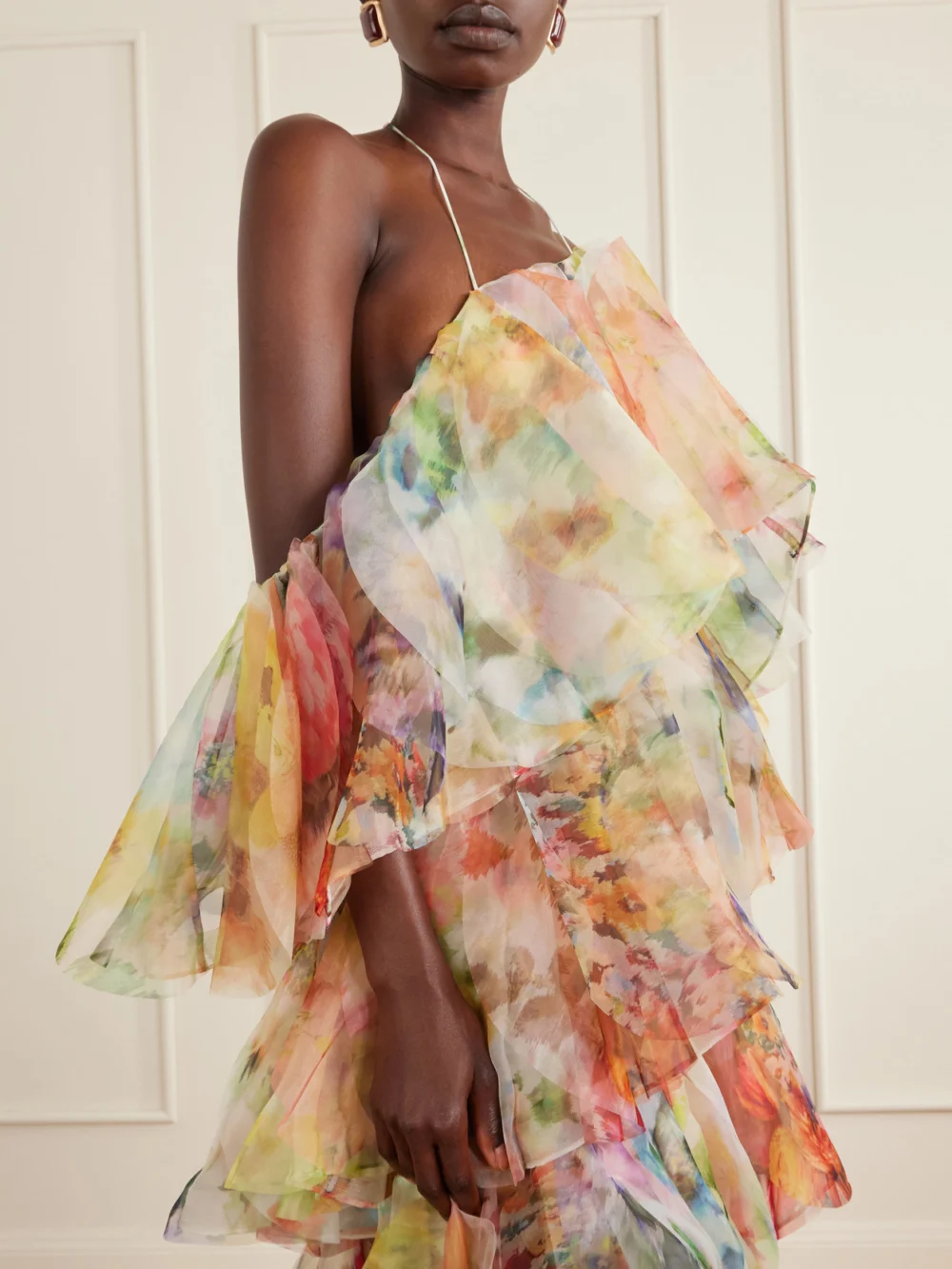 Zimmermann Luna Tiered Ruffled Floral-print Chiffon Halterneck Midi Dress, styled view