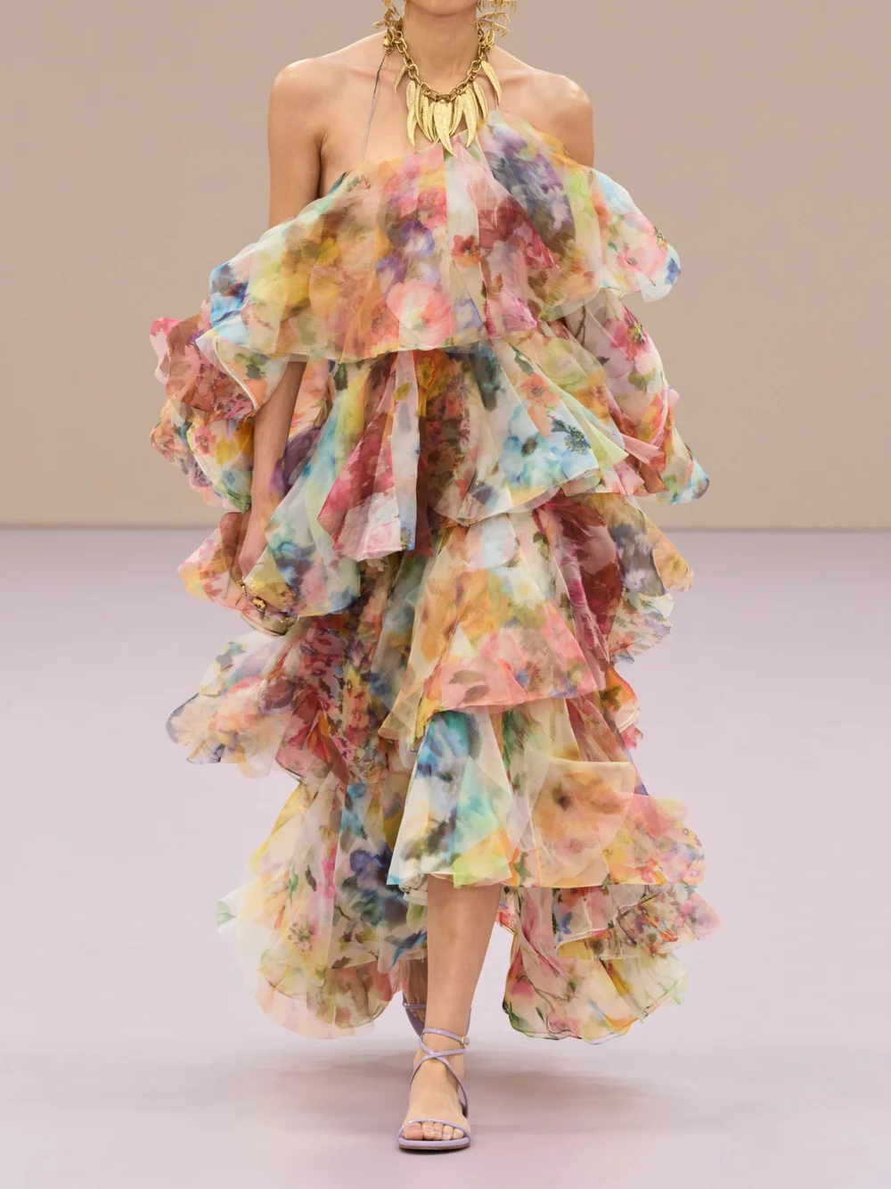 Zimmermann Luna Tiered Ruffled Floral-print Chiffon Halterneck Midi Dress, styled view