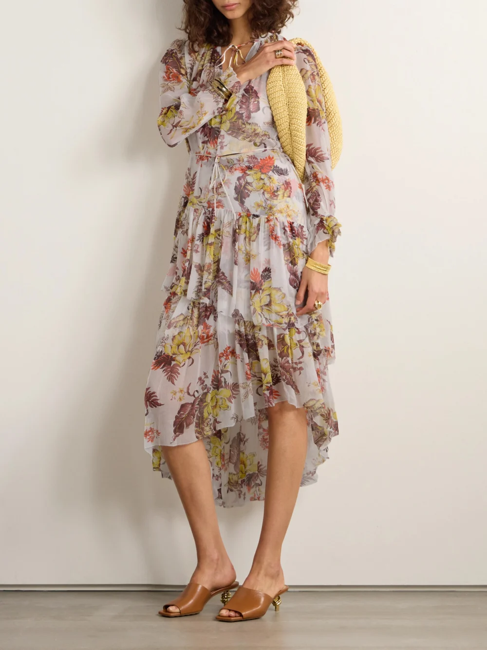 Zimmermann Matchmaker Asymmetric Floral-print Chiffon Midi Dress, worn by a model