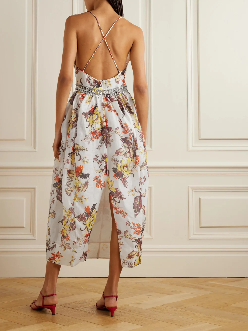 Back view of the Zimmermann Matchmaker Embellished Floral-print Linen and Silk-blend Midi Dress