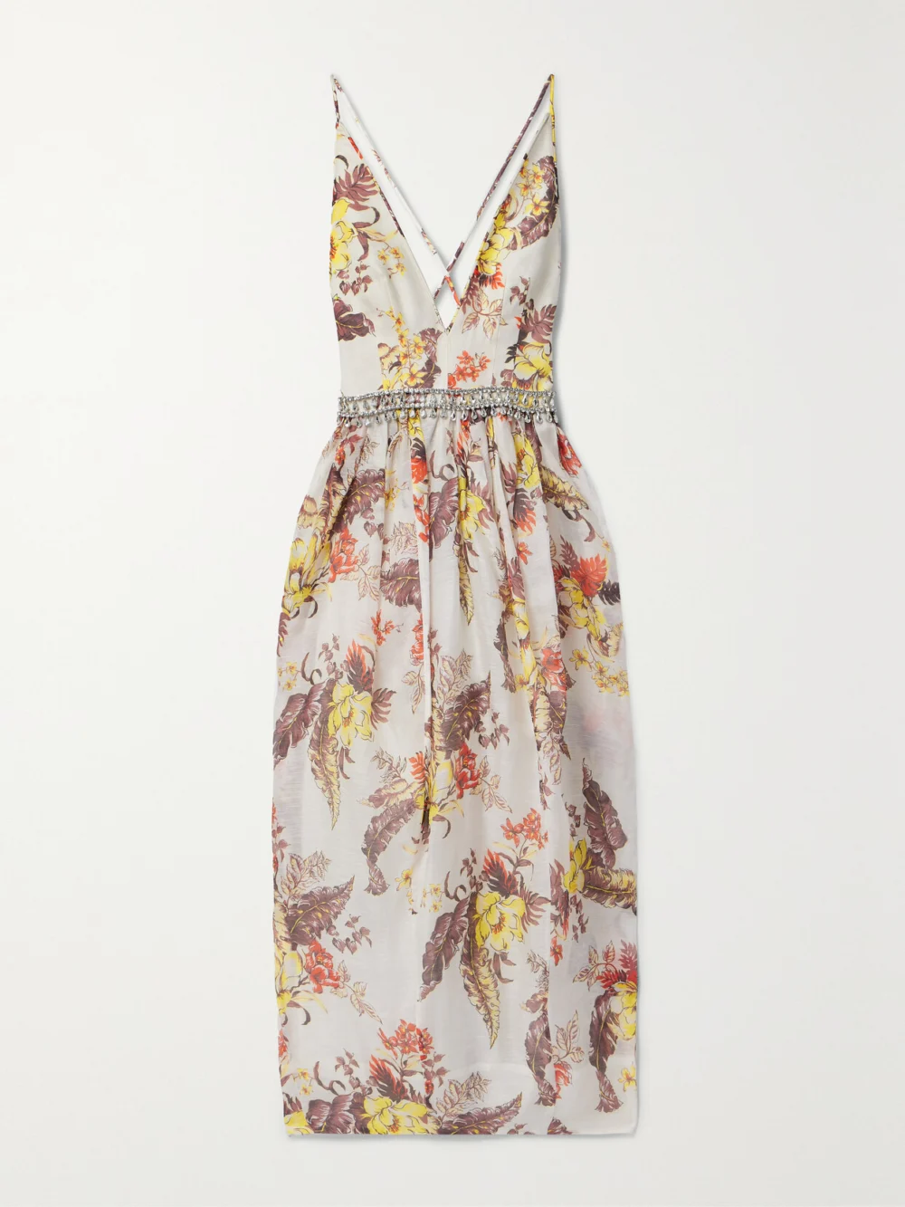 Zimmermann Matchmaker Embellished Floral-print Linen and Silk-blend Midi Dress in ivory