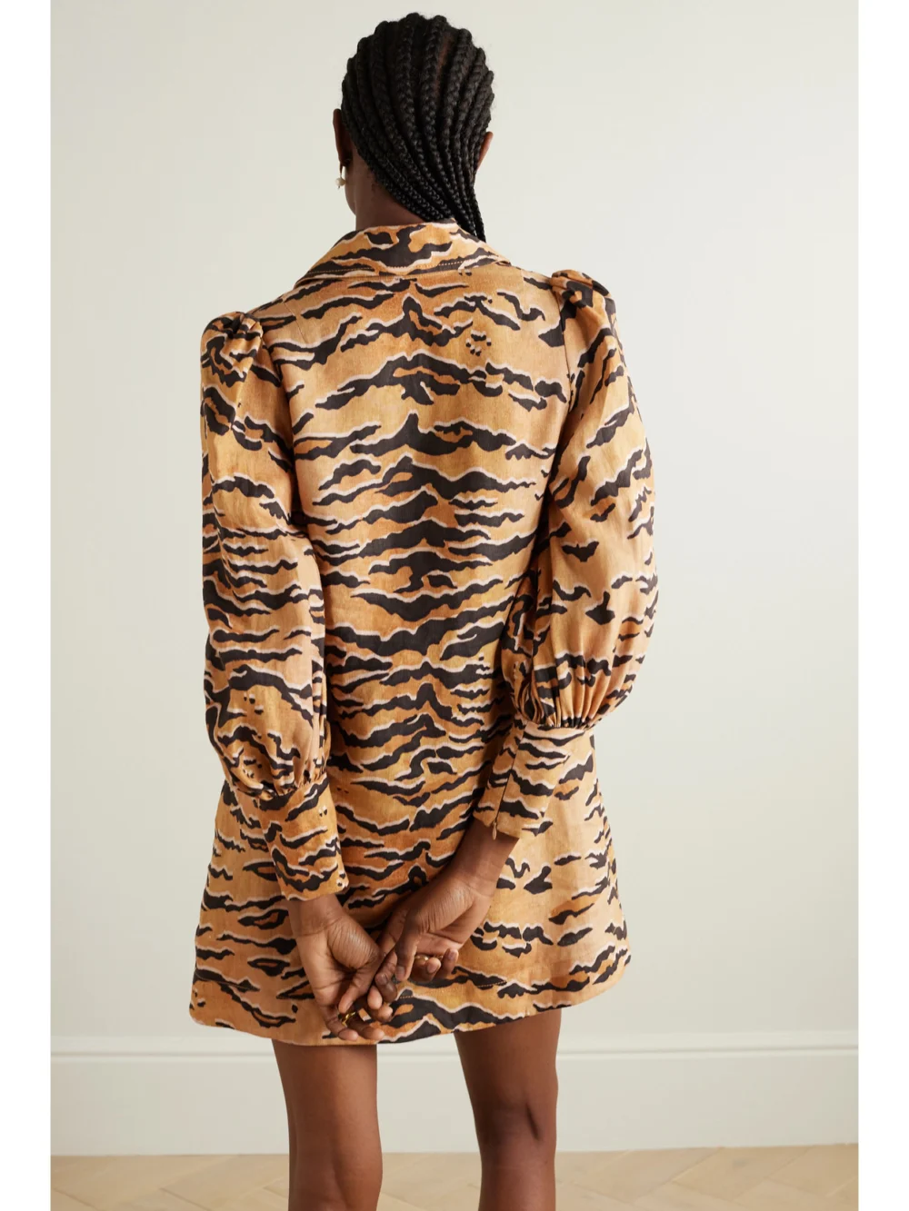 Back view of the Zimmermann Matchmaker Tiger-print Linen Mini Dress