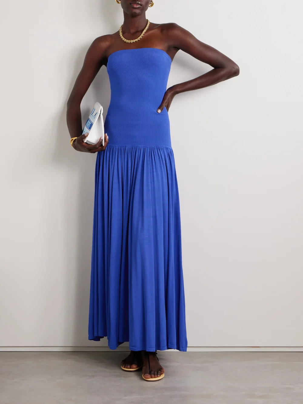 Zimmermann Maxine Strapless Ribbed Gathered Stretch-knit Maxi Dress, worn by a model