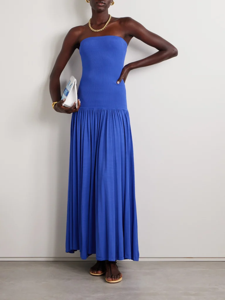 Zimmermann Maxine Strapless Ribbed Gathered Stretch-knit Maxi Dress
