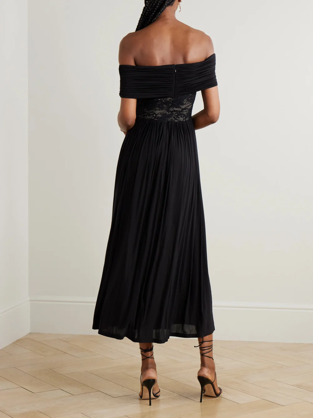 Back view of the Zimmermann Off-the-shoulder Lace-trimmed Gathered Stretch-jersey Maxi Dress