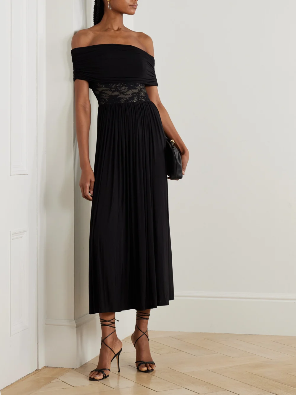 Zimmermann Off-the-shoulder Lace-trimmed Gathered Stretch-jersey Maxi Dress, worn by a model