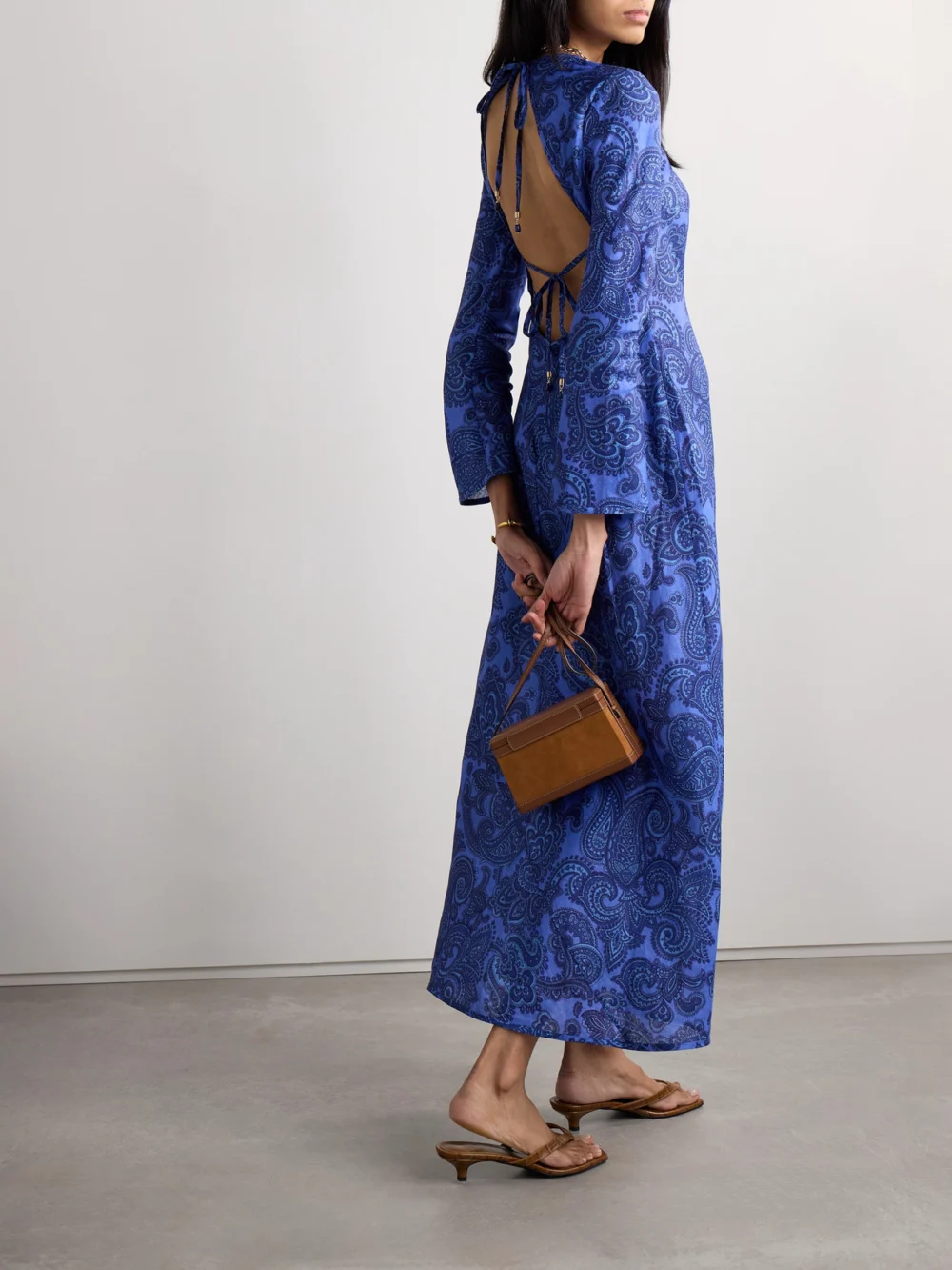 Zimmermann Ottie Open-back Bead-embellished Paisley-print Linen Maxi Dress, worn by a model