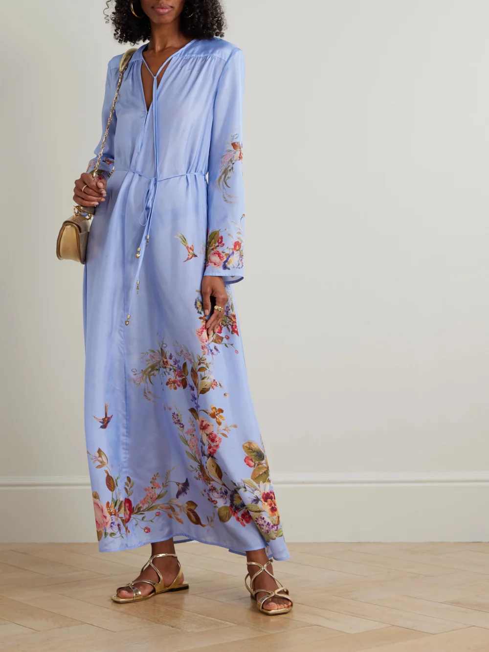 Zimmermann Patience Gathered Floral-print Silk Maxi Dress, worn by a model