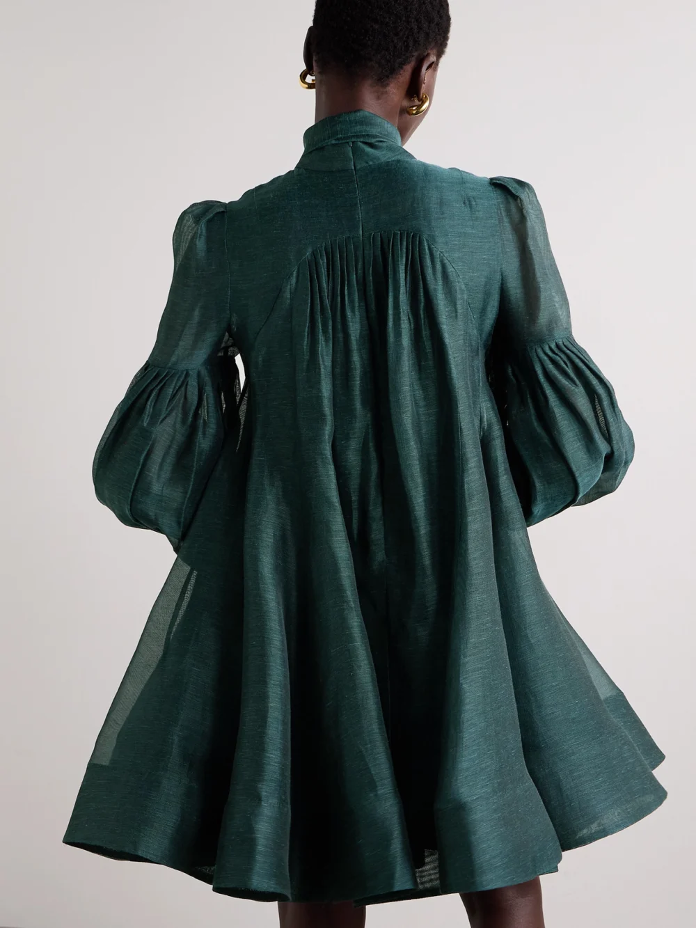 Back view of the Zimmermann Pavillion Tie-neck Pleated Linen and Silk-blend Organza Mini Dress