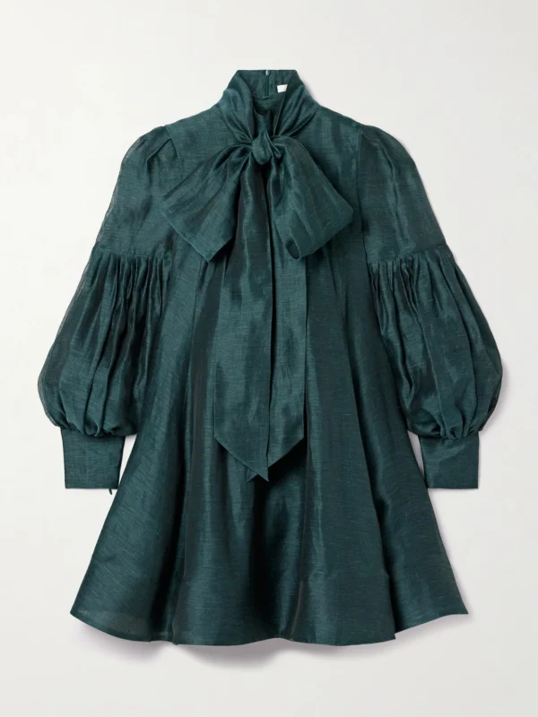 Zimmermann Pavillion Tie-neck Pleated Linen and Silk-blend Organza Mini Dress