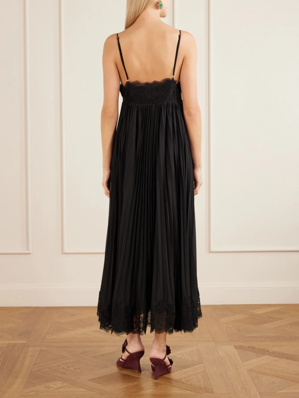Back view of the Zimmermann Pleated Lace-trimmed Chiffon Midi Dress