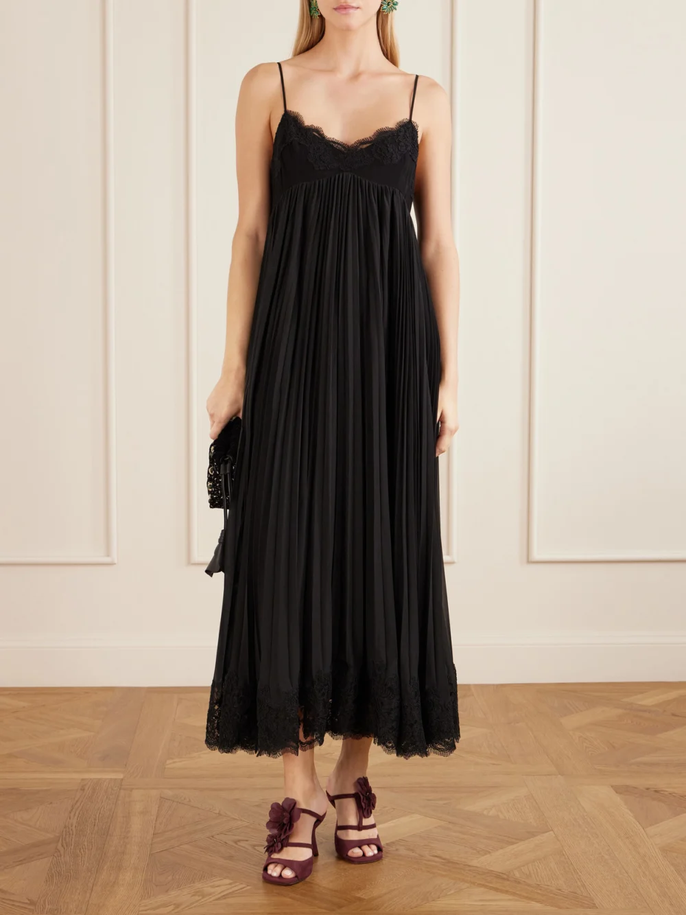 Zimmermann Pleated Lace-trimmed Chiffon Midi Dress, worn by a model