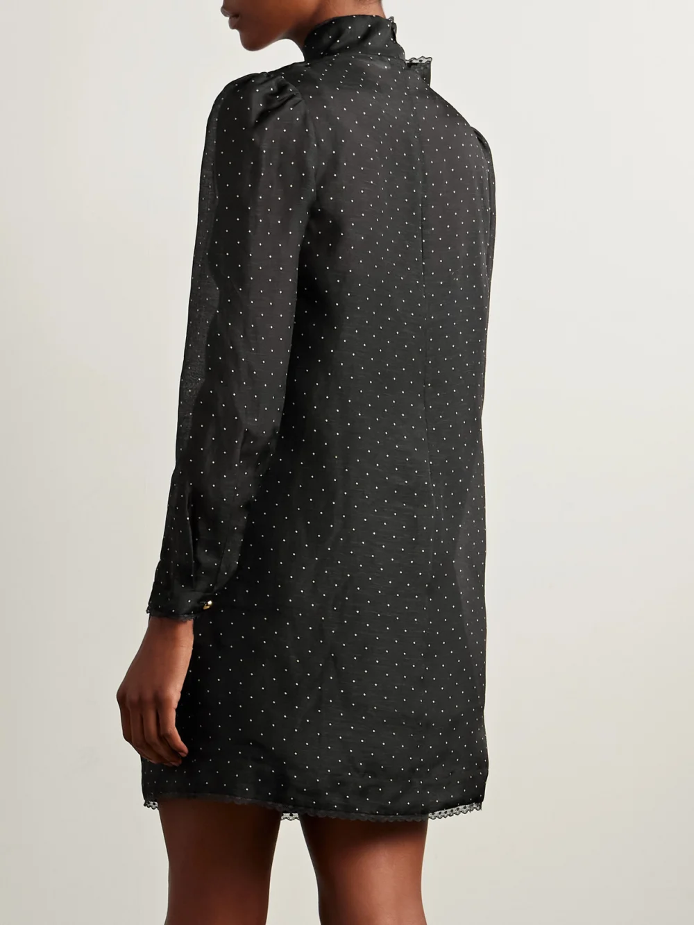 Back view of the Zimmermann Pussy-bow Lace-trimmed Polka-dot Linen and Silk-blend Organza Mini Dress