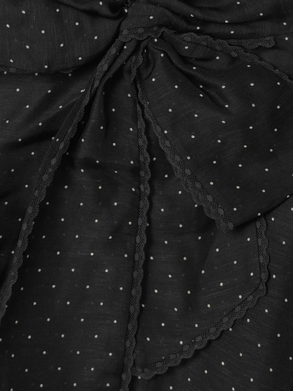 Close-up detail of the Zimmermann Pussy-bow Lace-trimmed Polka-dot Linen and Silk-blend Organza Mini Dress