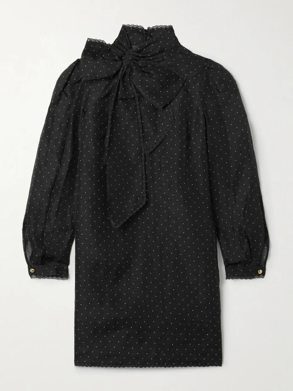 Zimmermann Pussy-bow Lace-trimmed Polka-dot Linen and Silk-blend Organza Mini Dress in black