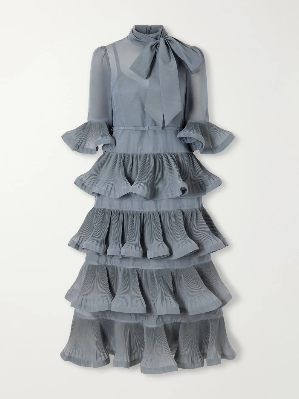 Zimmermann Pussy-bow Ruched Tiered Plissé Organza Midi Dress in blue