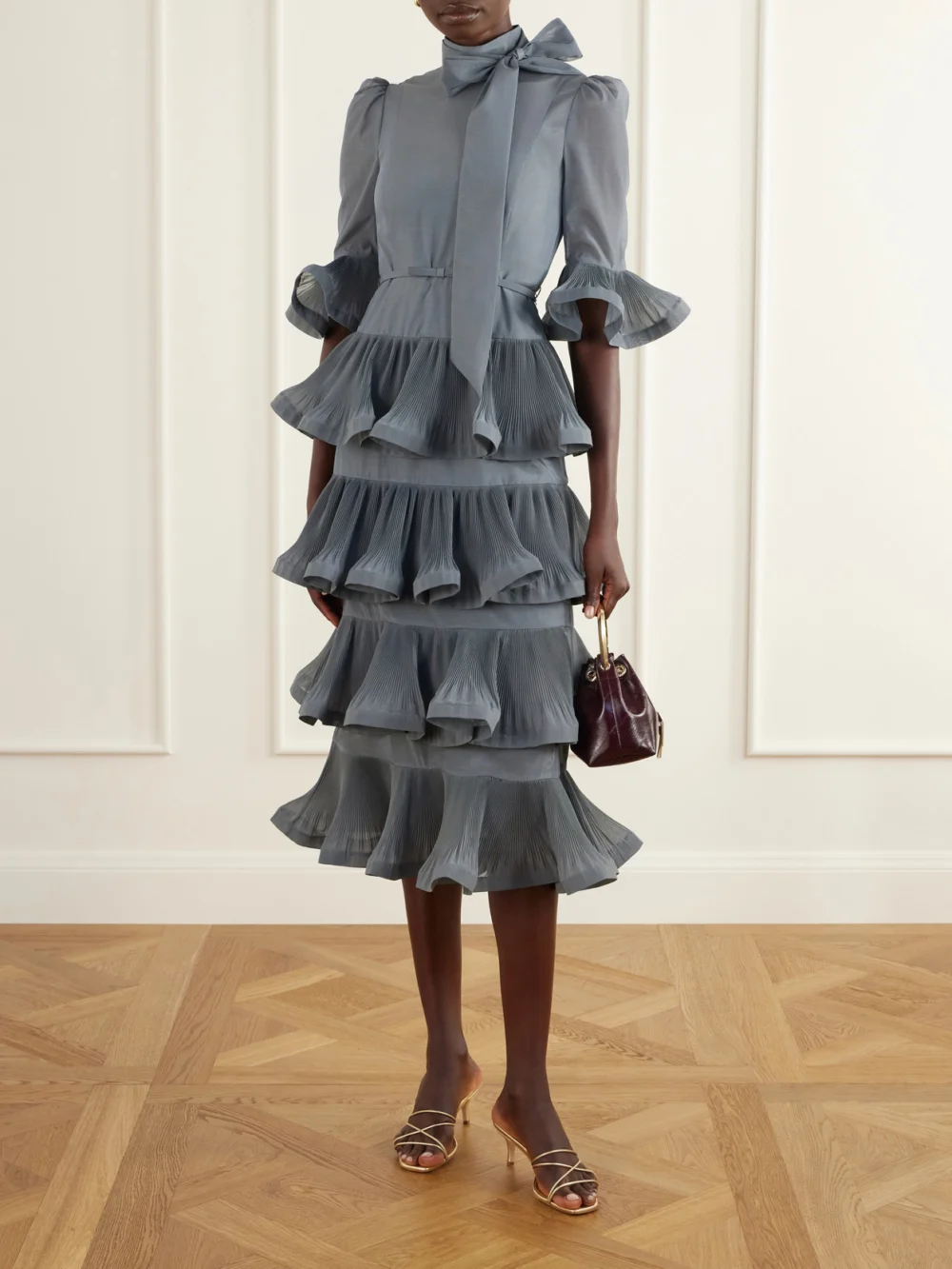 Zimmermann Pussy-bow Ruched Tiered Plissé Organza Midi Dress, worn by a model