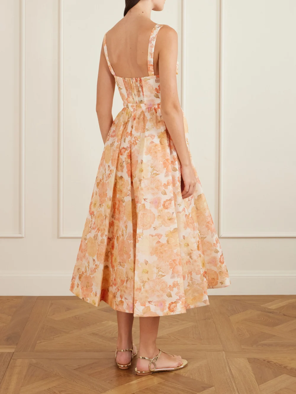 Back view of the Zimmermann Rebellion Floral-print Linen and Silk-blend Bustier Midi Dress