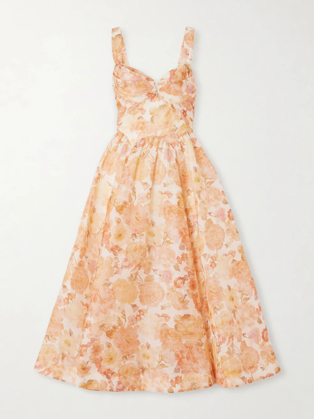 Zimmermann Rebellion Floral-print Linen and Silk-blend Bustier Midi Dress in orange