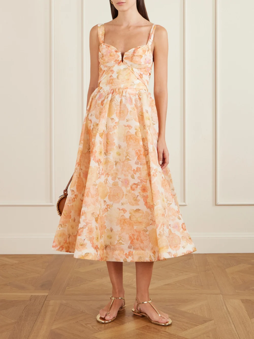 Zimmermann Rebellion Floral-print Linen and Silk-blend Bustier Midi Dress, worn by a model